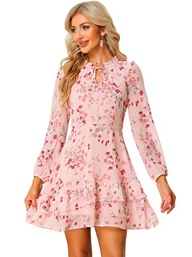 Allegra K Women's Summer Floral Tie V Neck 2024 Semi Sheer Long Sleeve Layered Tiered Chiffon Mini Dress Medium Pink