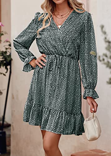 KIRUNDO Women's 2024 Spring Dresses Casual Long Sleeve Floral Print V Neck Ruffle High Waist Flowy Mini Dress with Belt(Dark Green, X-Large)