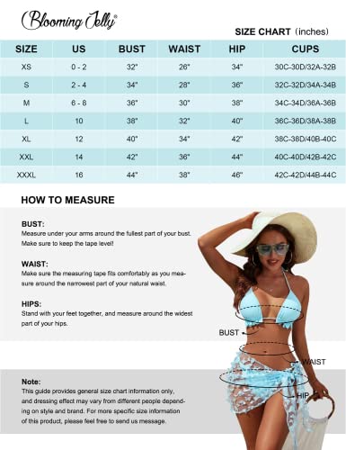 Blooming Jelly Womens 3 Piece Swimsuits Triangle Halter Thong Bikini Set Butterfly Bathing Suits Sarongs(Small, Blue)