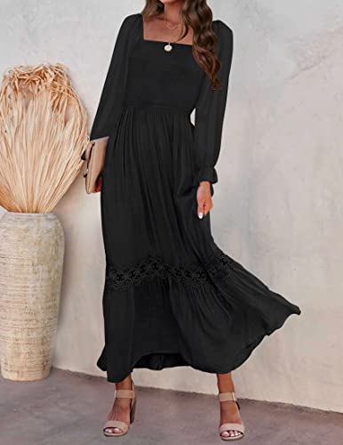 ZESICA Women's 2024 Boho Long Sleeve Square Neck Smocked High Waist Flowy A Line Lace Trim Maxi Dress Black