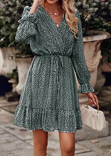 KIRUNDO Women's 2024 Spring Dresses Casual Long Sleeve Floral Print V Neck Ruffle High Waist Flowy Mini Dress with Belt(Dark Green, X-Large)