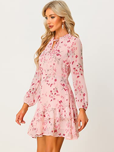 Allegra K Women's Summer Floral Tie V Neck 2024 Semi Sheer Long Sleeve Layered Tiered Chiffon Mini Dress Medium Pink