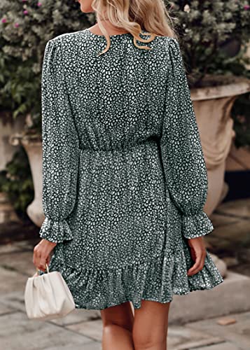 KIRUNDO Women's 2024 Spring Dresses Casual Long Sleeve Floral Print V Neck Ruffle High Waist Flowy Mini Dress with Belt(Dark Green, X-Large)