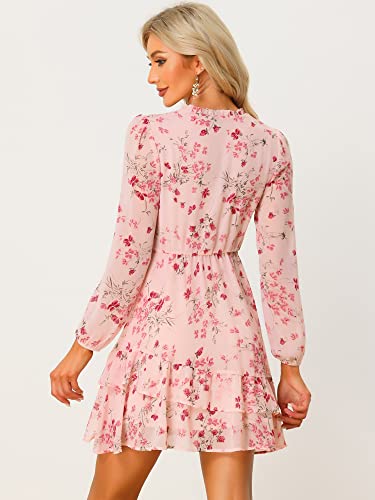 Allegra K Women's Summer Floral Tie V Neck 2024 Semi Sheer Long Sleeve Layered Tiered Chiffon Mini Dress Medium Pink