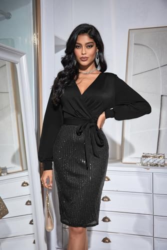GRACE KARIN Sequin Bodycon Dresses for Women Wrap Long Sleeve V Neck Party Dress Black M