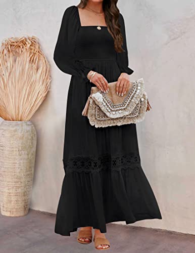 ZESICA Women's 2024 Boho Long Sleeve Square Neck Smocked High Waist Flowy A Line Lace Trim Maxi Dress Black