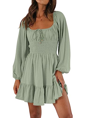LILLUSORY Summer Dresses for Women 2024 Summer Outfits Trendy Long Sleeve Mini Dresses Cottagecore Casual Flowy Short Dress Light Green