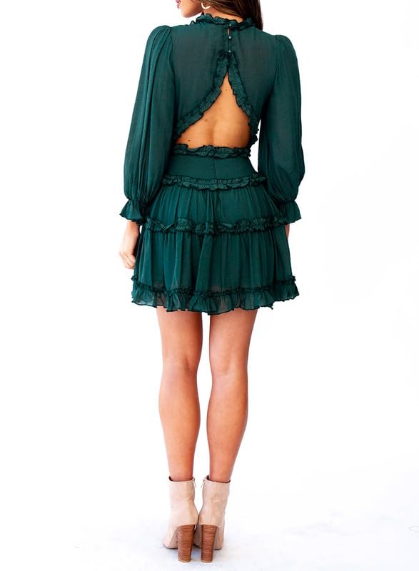 Dokotoo Women Dresses Cute Summer Spring Casual Sexy Deep V Neck Ruffle Chiffon Lantern Long Sleeve Elegant Boho Hawaiian Flowy Mini Short Skirt Dresses for Women Party 2024 Green X-Large