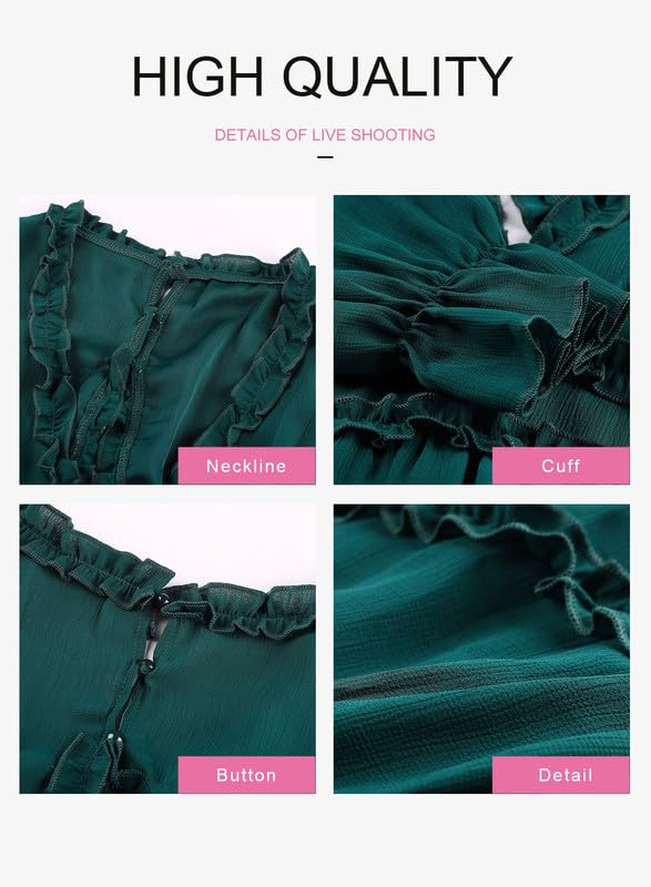 Dokotoo Women Dresses Cute Summer Spring Casual Sexy Deep V Neck Ruffle Chiffon Lantern Long Sleeve Elegant Boho Hawaiian Flowy Mini Short Skirt Dresses for Women Party 2024 Green X-Large