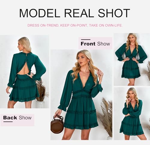 Dokotoo Women Dresses Cute Summer Spring Casual Sexy Deep V Neck Ruffle Chiffon Lantern Long Sleeve Elegant Boho Hawaiian Flowy Mini Short Skirt Dresses for Women Party 2024 Green X-Large