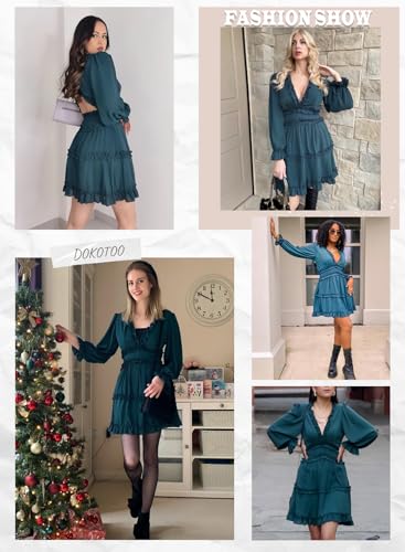 Dokotoo Women Dresses Cute Summer Spring Casual Sexy Deep V Neck Ruffle Chiffon Lantern Long Sleeve Elegant Boho Hawaiian Flowy Mini Short Skirt Dresses for Women Party 2024 Green X-Large