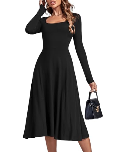 LYANER Women's Square Neck Long Sleeve Empire Waist A Line Flare Solid Midi Dress Solid Black Small