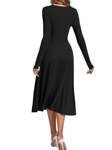 LYANER Women's Square Neck Long Sleeve Empire Waist A Line Flare Solid Midi Dress Solid Black Small