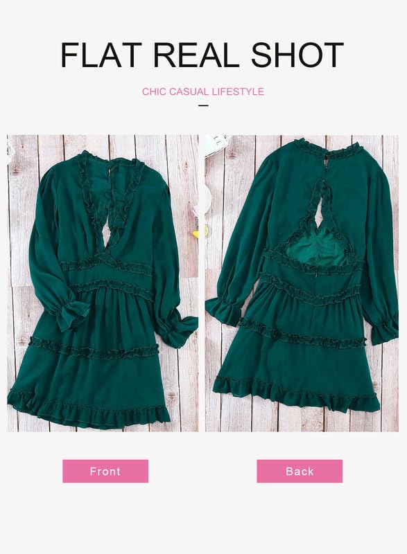 Dokotoo Women Dresses Cute Summer Spring Casual Sexy Deep V Neck Ruffle Chiffon Lantern Long Sleeve Elegant Boho Hawaiian Flowy Mini Short Skirt Dresses for Women Party 2024 Green X-Large