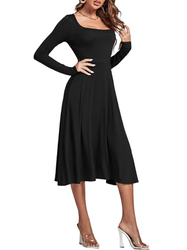 LYANER Women's Square Neck Long Sleeve Empire Waist A Line Flare Solid Midi Dress Solid Black Small