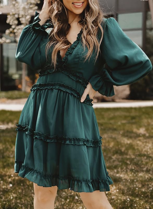 Dokotoo Women Dresses Cute Summer Spring Casual Sexy Deep V Neck Ruffle Chiffon Lantern Long Sleeve Elegant Boho Hawaiian Flowy Mini Short Skirt Dresses for Women Party 2024 Green X-Large