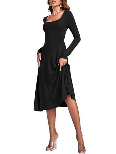 LYANER Women's Square Neck Long Sleeve Empire Waist A Line Flare Solid Midi Dress Solid Black Small