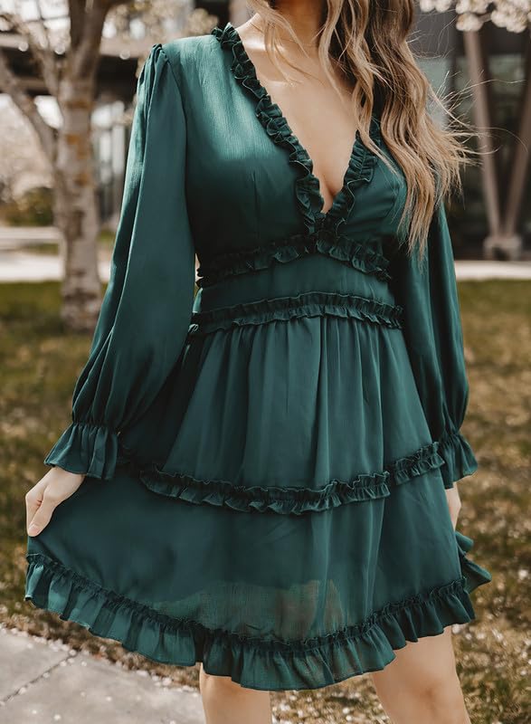 Dokotoo Women Dresses Cute Summer Spring Casual Sexy Deep V Neck Ruffle Chiffon Lantern Long Sleeve Elegant Boho Hawaiian Flowy Mini Short Skirt Dresses for Women Party 2024 Green X-Large