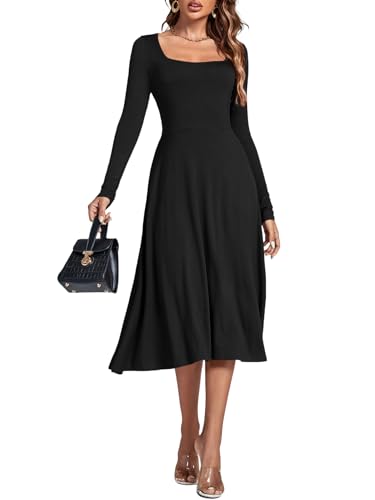 LYANER Women's Square Neck Long Sleeve Empire Waist A Line Flare Solid Midi Dress Solid Black Small
