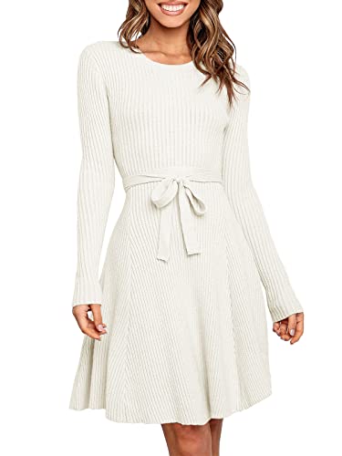 ANRABESS Women Long Sleeve Fall Dresses 2024 Crewneck Tie Waist A-Line Swing Casual Ribbed Knit Cute Short Sweater Dress White Medium