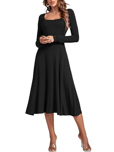 LYANER Women's Square Neck Long Sleeve Empire Waist A Line Flare Solid Midi Dress Solid Black Small