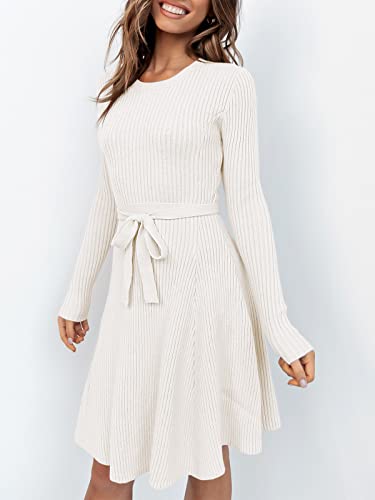 ANRABESS Women Long Sleeve Fall Dresses 2024 Crewneck Tie Waist A-Line Swing Casual Ribbed Knit Cute Short Sweater Dress White Medium