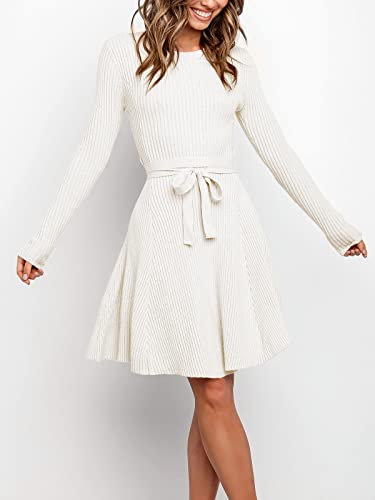ANRABESS Women Long Sleeve Fall Dresses 2024 Crewneck Tie Waist A-Line Swing Casual Ribbed Knit Cute Short Sweater Dress White Medium