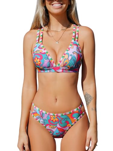 CUPSHE Women's Bikini Set Two Piece Swimsuits Strappy Mid Rise V Neck Cutout Adjustable Double Straps,M