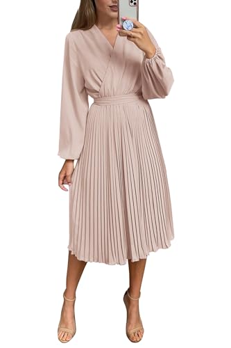PRETTYGARDEN Women's Spring Midi Dress Long Puff Sleeve Wrap V Neck Flowy Ruffle Pleated Casual Fall Dresses (Apricot,Small)