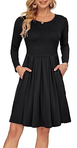 AUSELILY Long Sleeve Dresses for Women Knee Length Empire Waist Casual Dress with Pockets (L, New Black)
