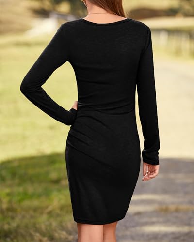 BTFBM Women Fashion Ruched Elegant Bodycon Long Sleeve Wrap Front Solid Color Casual Basic Fitted Short Dress (Black, Medium)