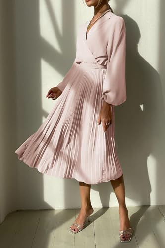 PRETTYGARDEN Women's Spring Midi Dress Long Puff Sleeve Wrap V Neck Flowy Ruffle Pleated Casual Fall Dresses (Apricot,Small)
