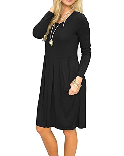 AUSELILY Long Sleeve Dresses for Women Knee Length Empire Waist Casual Dress with Pockets (L, New Black)