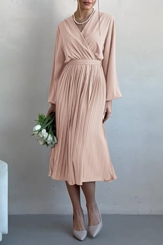 PRETTYGARDEN Women's Spring Midi Dress Long Puff Sleeve Wrap V Neck Flowy Ruffle Pleated Casual Fall Dresses (Apricot,Small)