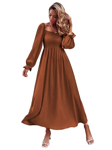Floerns Women's Boho Floral Print Square Neck Flounce Sleeve A Line Long Dress Brown L