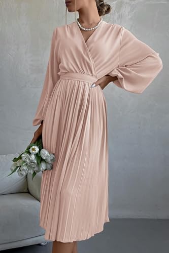 PRETTYGARDEN Women's Spring Midi Dress Long Puff Sleeve Wrap V Neck Flowy Ruffle Pleated Casual Fall Dresses (Apricot,Small)