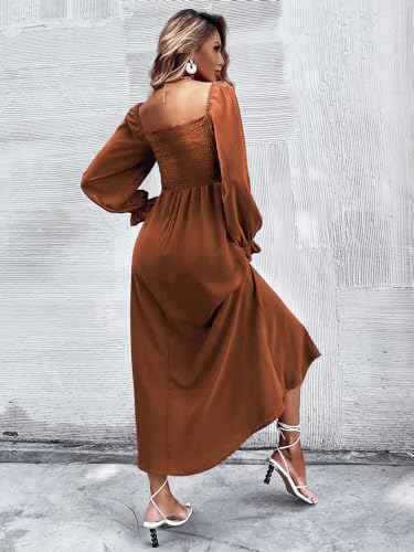 Floerns Women's Boho Floral Print Square Neck Flounce Sleeve A Line Long Dress Brown L