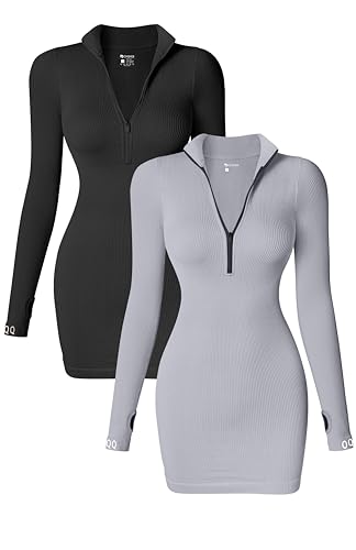 OQQ Women's 2 Piece Dresses Sexy Ribbed Zip Front Long Sleeve Tops Mini Dress Black Grey