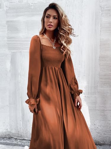 Floerns Women's Boho Floral Print Square Neck Flounce Sleeve A Line Long Dress Brown L