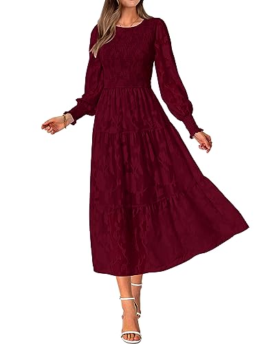 BTFBM Fall Wedding Guest Dress for Women Elegant Lace Long Sleeve Midi Dresses Long Sleeve Baby Shower Dress(Wine Red,Medium)