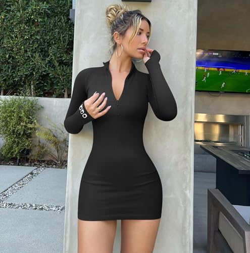OQQ Women's 2 Piece Dresses Sexy Ribbed Zip Front Long Sleeve Tops Mini Dress Black Grey