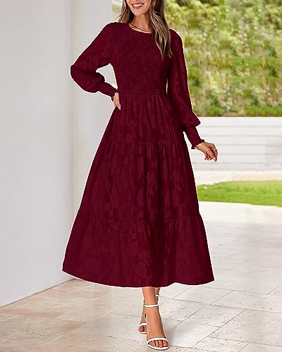BTFBM Fall Wedding Guest Dress for Women Elegant Lace Long Sleeve Midi Dresses Long Sleeve Baby Shower Dress(Wine Red,Medium)