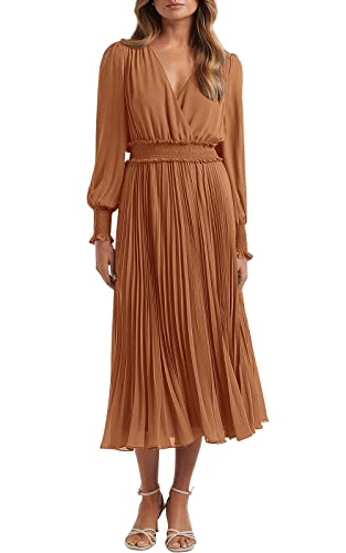 PRETTYGARDEN Wrap V Neck Spring Dresses for Women 2024 Long Sleeve Smocked Wedding Guest Dresses Flowy Pleated Midi Dress (Brown,X-Large)
