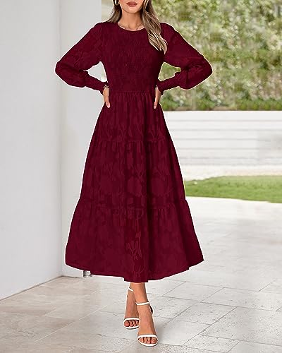 BTFBM Fall Wedding Guest Dress for Women Elegant Lace Long Sleeve Midi Dresses Long Sleeve Baby Shower Dress(Wine Red,Medium)