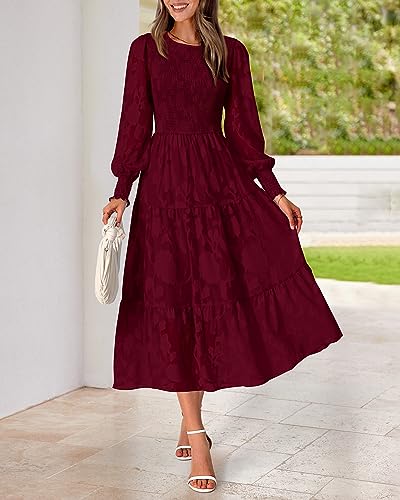 BTFBM Fall Wedding Guest Dress for Women Elegant Lace Long Sleeve Midi Dresses Long Sleeve Baby Shower Dress(Wine Red,Medium)