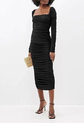 Pink Queen Women's Long Sleeve Bodycon Dress Square Neck Ruched Knit Tight Formal Cocktail Party Midi Dresses Black L
