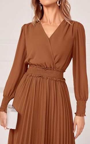 PRETTYGARDEN Wrap V Neck Spring Dresses for Women 2024 Long Sleeve Smocked Wedding Guest Dresses Flowy Pleated Midi Dress (Brown,X-Large)