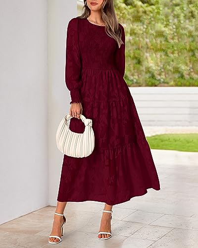 BTFBM Fall Wedding Guest Dress for Women Elegant Lace Long Sleeve Midi Dresses Long Sleeve Baby Shower Dress(Wine Red,Medium)