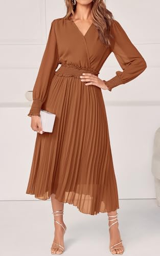 PRETTYGARDEN Wrap V Neck Spring Dresses for Women 2024 Long Sleeve Smocked Wedding Guest Dresses Flowy Pleated Midi Dress (Brown,X-Large)