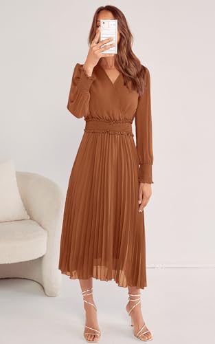 PRETTYGARDEN Wrap V Neck Spring Dresses for Women 2024 Long Sleeve Smocked Wedding Guest Dresses Flowy Pleated Midi Dress (Brown,X-Large)